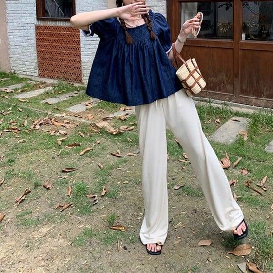 パフスリーブデニムブラウス 6038-blue_お取り寄せ6038-画像10-韓国ファッション通販POPREA［ポップリア］