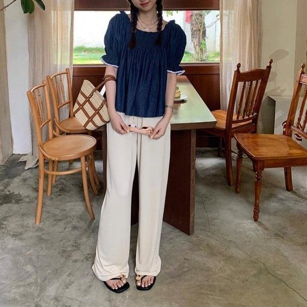 パフスリーブデニムブラウス 6038-blue_お取り寄せ6038-画像11-韓国ファッション通販POPREA［ポップリア］