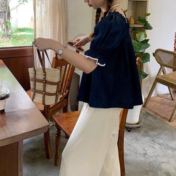 パフスリーブデニムブラウス 6038-blue_お取り寄せ6038-画像12-韓国ファッション通販POPREA［ポップリア］