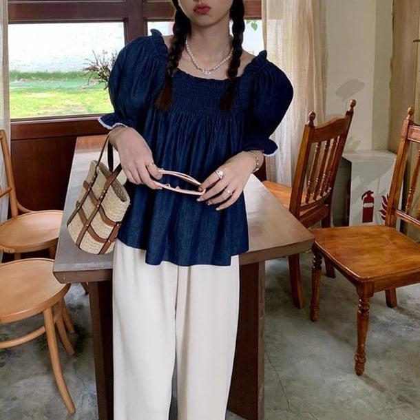 パフスリーブデニムブラウス 6038-blue_お取り寄せ6038-画像2-韓国ファッション通販POPREA［ポップリア］