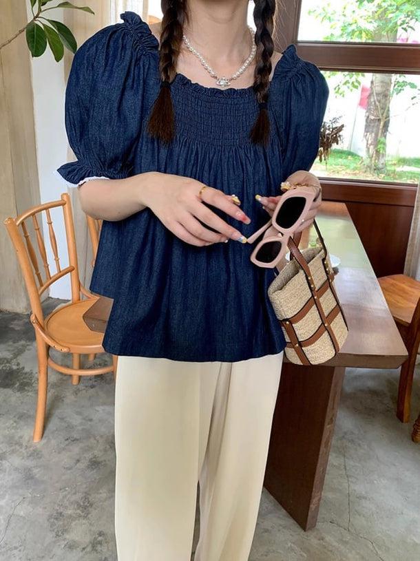 パフスリーブデニムブラウス 6038-blue_お取り寄せ6038-画像3-韓国ファッション通販POPREA［ポップリア］