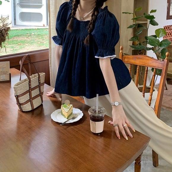 パフスリーブデニムブラウス 6038-blue_お取り寄せ6038-画像4-韓国ファッション通販POPREA［ポップリア］