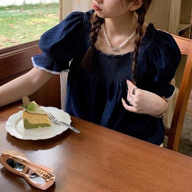 パフスリーブデニムブラウス 6038-blue_お取り寄せ6038-画像5-韓国ファッション通販POPREA［ポップリア］