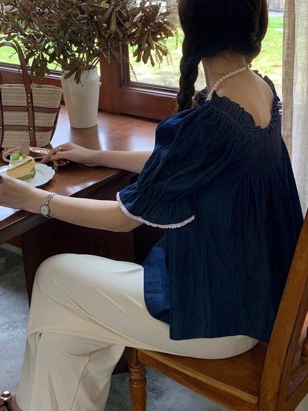 パフスリーブデニムブラウス 6038-blue_お取り寄せ6038-画像6-韓国ファッション通販POPREA［ポップリア］