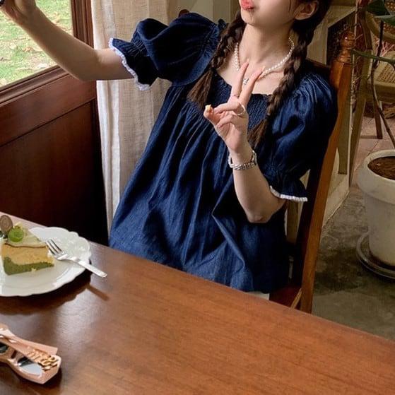 パフスリーブデニムブラウス 6038-blue_お取り寄せ6038-画像7-韓国ファッション通販POPREA［ポップリア］