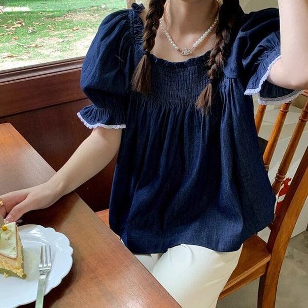 パフスリーブデニムブラウス 6038-blue_お取り寄せ6038-画像8-韓国ファッション通販POPREA［ポップリア］