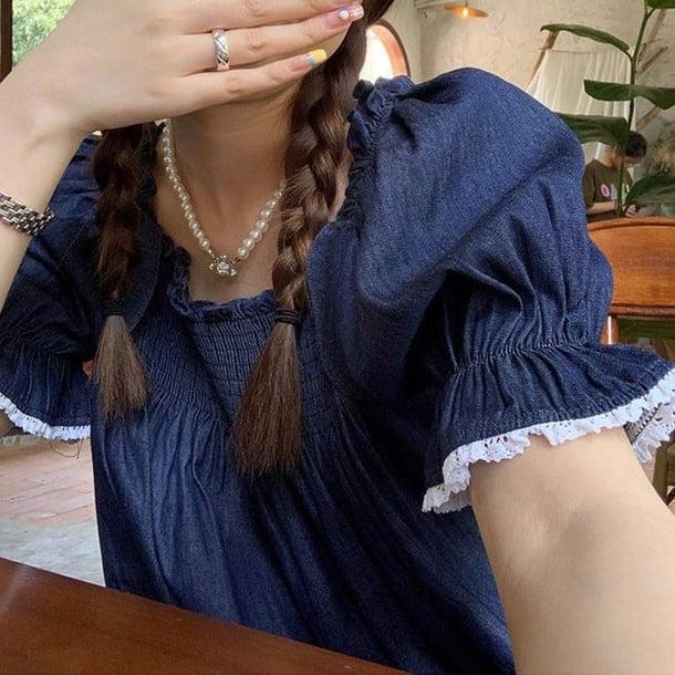 パフスリーブデニムブラウス 6038-blue_お取り寄せ6038-画像9-韓国ファッション通販POPREA［ポップリア］