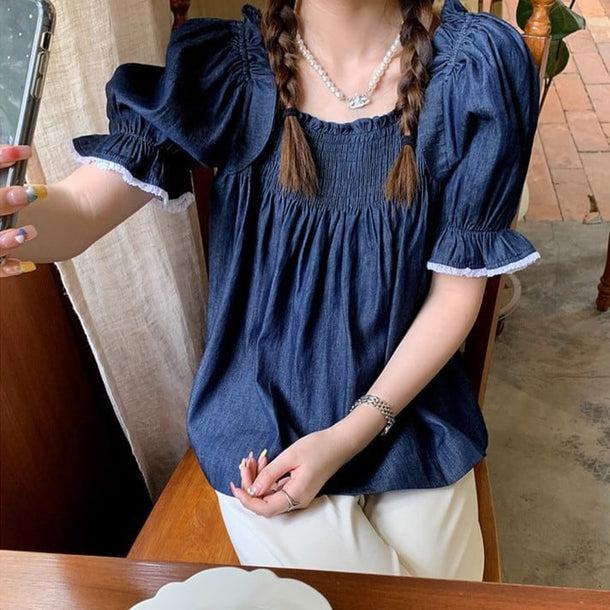 パフスリーブデニムブラウス 6038-blue_お取り寄せ6038-画像1-韓国ファッション通販POPREA［ポップリア］