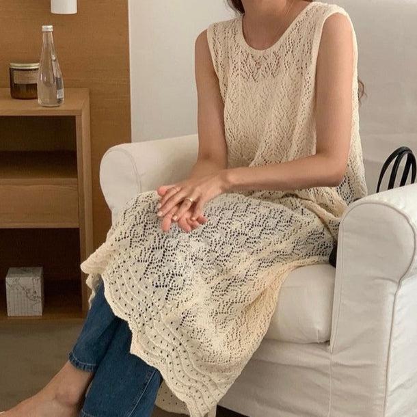 クロシェ編みバックスリットロングニット﻿﻿ 6055-ivory_お取り寄せ6055-画像2-韓国ファッション通販POPREA［ポップリア］