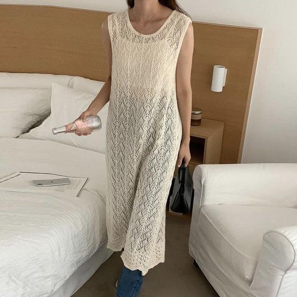 クロシェ編みバックスリットロングニット﻿﻿ 6055-ivory_お取り寄せ6055-画像6-韓国ファッション通販POPREA［ポップリア］