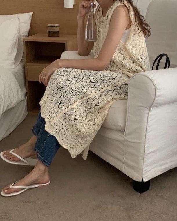 クロシェ編みバックスリットロングニット﻿﻿ 6055-ivory_お取り寄せ6055-画像7-韓国ファッション通販POPREA［ポップリア］