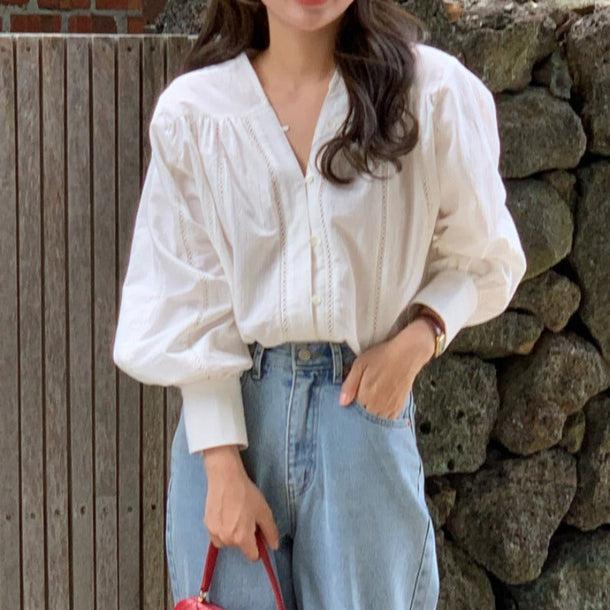 Vネックフェミニンブラウス 6059-white_お取り寄せ6059-画像2-韓国ファッション通販POPREA［ポップリア］