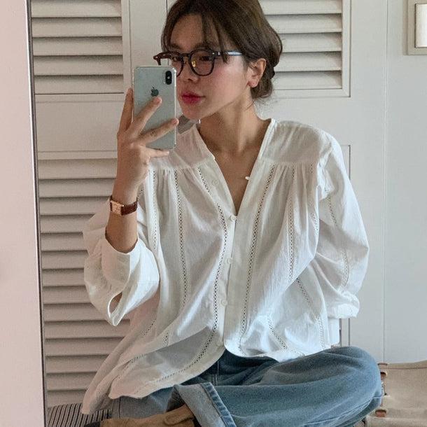 Vネックフェミニンブラウス 6059-white_お取り寄せ6059-画像3-韓国ファッション通販POPREA［ポップリア］