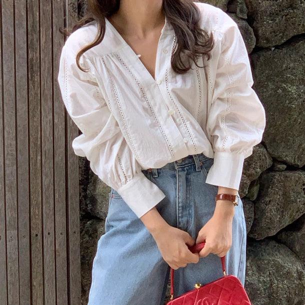 Vネックフェミニンブラウス 6059-white_お取り寄せ6059-画像6-韓国ファッション通販POPREA［ポップリア］