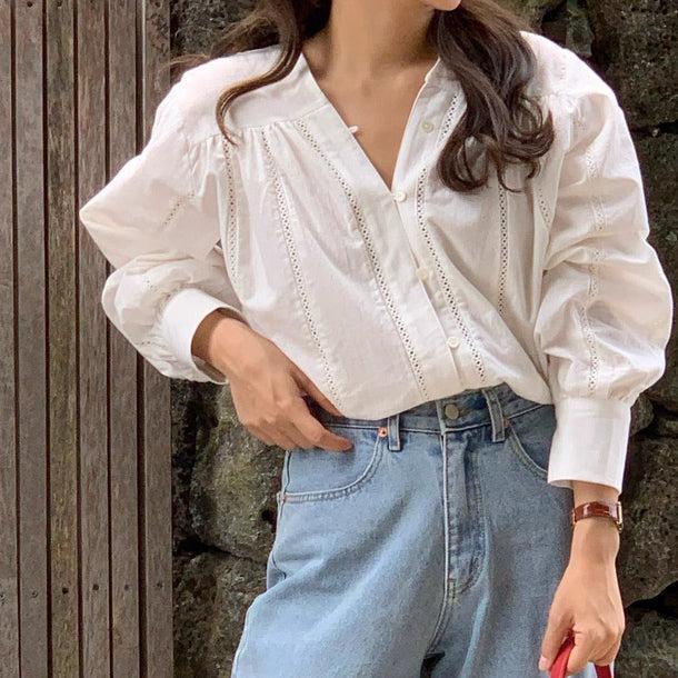 Vネックフェミニンブラウス 6059-white_お取り寄せ6059-画像7-韓国ファッション通販POPREA［ポップリア］