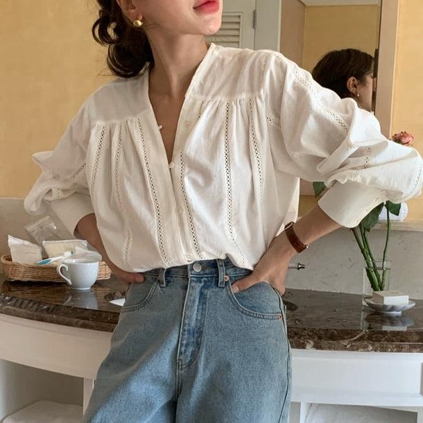 Vネックフェミニンブラウス 6059-white_お取り寄せ6059-画像1-韓国ファッション通販POPREA［ポップリア］