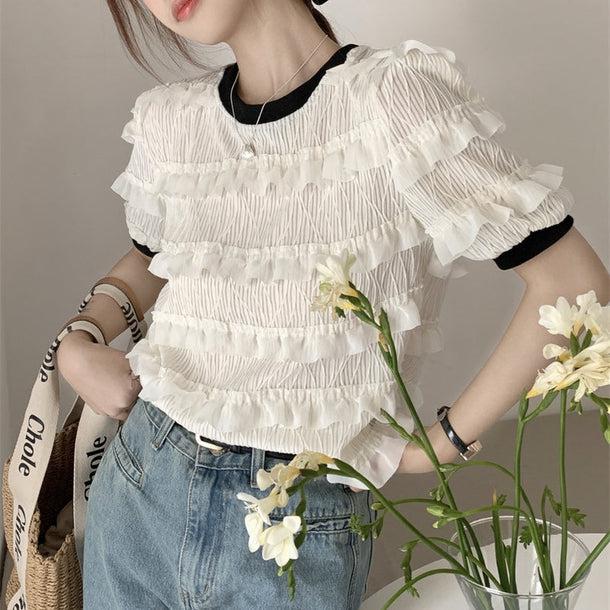 パフスリレースティアードトップス 6069-white_お取り寄せ6069-画像3-韓国ファッション通販POPREA［ポップリア］