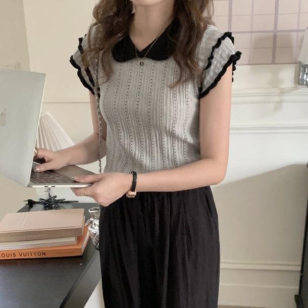 パンチングフリルニット﻿ 6080-gray_お取り寄せ6080-画像2-韓国ファッション通販POPREA［ポップリア］