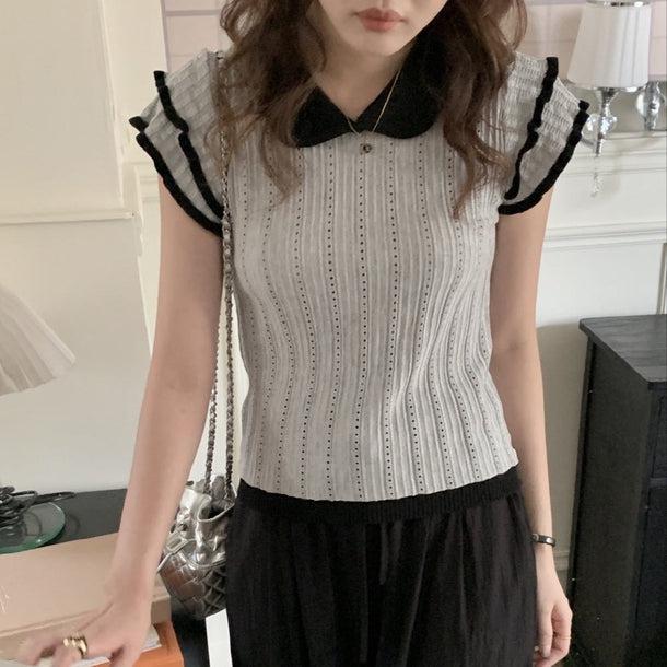 パンチングフリルニット﻿ 6080-gray_お取り寄せ6080-画像1-韓国ファッション通販POPREA［ポップリア］