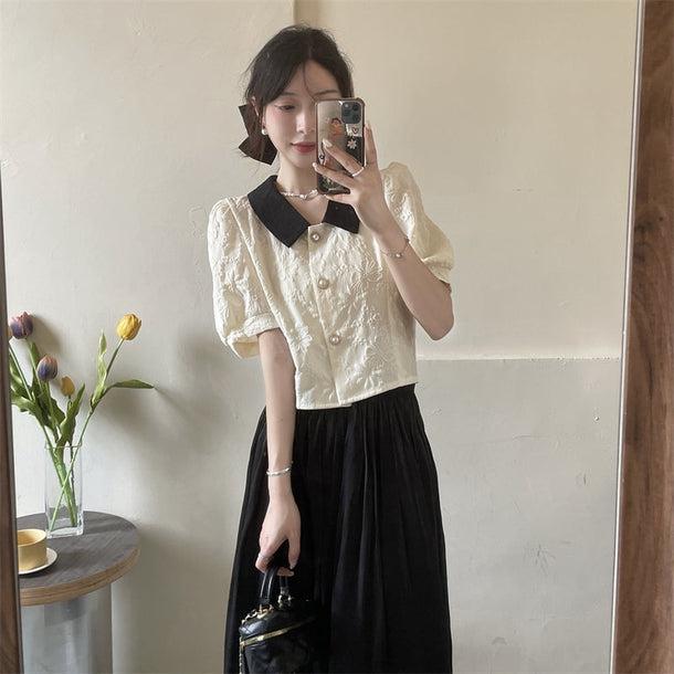 パールボタンレトロトップス﻿ 6085-black_お取り寄せ6085-画像3-韓国ファッション通販POPREA［ポップリア］