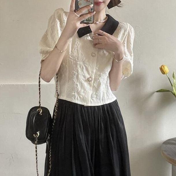 パールボタンレトロトップス﻿ 6085-black_お取り寄せ6085-画像1-韓国ファッション通販POPREA［ポップリア］