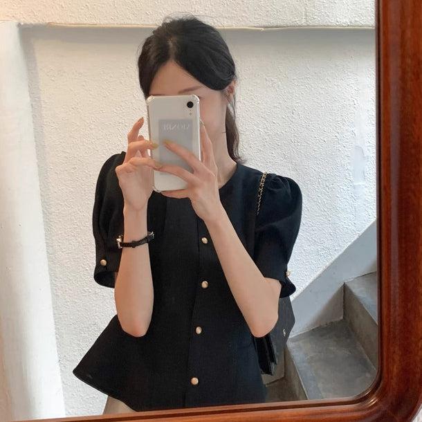 フレア半袖ブラウス﻿ 6099-navy-blue_お取り寄せ6099-画像2-韓国ファッション通販POPREA［ポップリア］