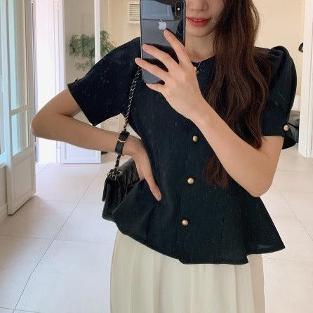 フレア半袖ブラウス﻿ 6099-navy-blue_お取り寄せ6099-画像3-韓国ファッション通販POPREA［ポップリア］