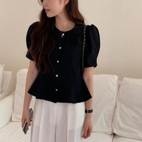 フレア半袖ブラウス﻿ 6099-navy-blue_お取り寄せ6099-画像4-韓国ファッション通販POPREA［ポップリア］