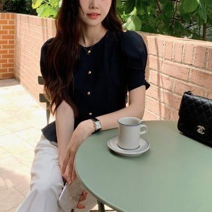 フレア半袖ブラウス﻿ 6099-navy-blue_お取り寄せ6099-画像5-韓国ファッション通販POPREA［ポップリア］