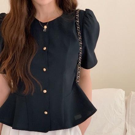 フレア半袖ブラウス﻿ 6099-navy-blue_お取り寄せ6099-画像6-韓国ファッション通販POPREA［ポップリア］