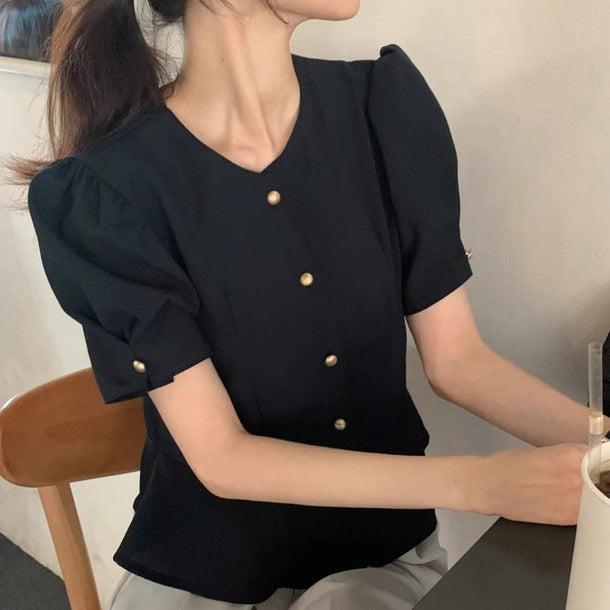 フレア半袖ブラウス﻿ 6099-navy-blue_お取り寄せ6099-画像1-韓国ファッション通販POPREA［ポップリア］