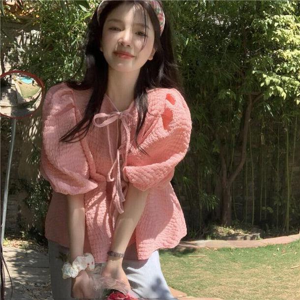 ピンクパフスリーブトップス﻿﻿ 6113-pink_お取り寄せ6113-画像10-韓国ファッション通販POPREA［ポップリア］