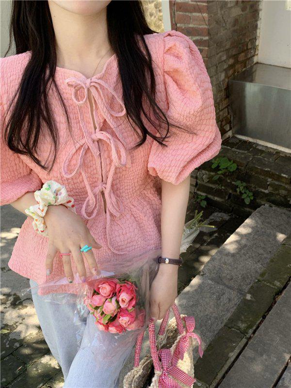 ピンクパフスリーブトップス﻿﻿ 6113-pink_お取り寄せ6113-画像2-韓国ファッション通販POPREA［ポップリア］