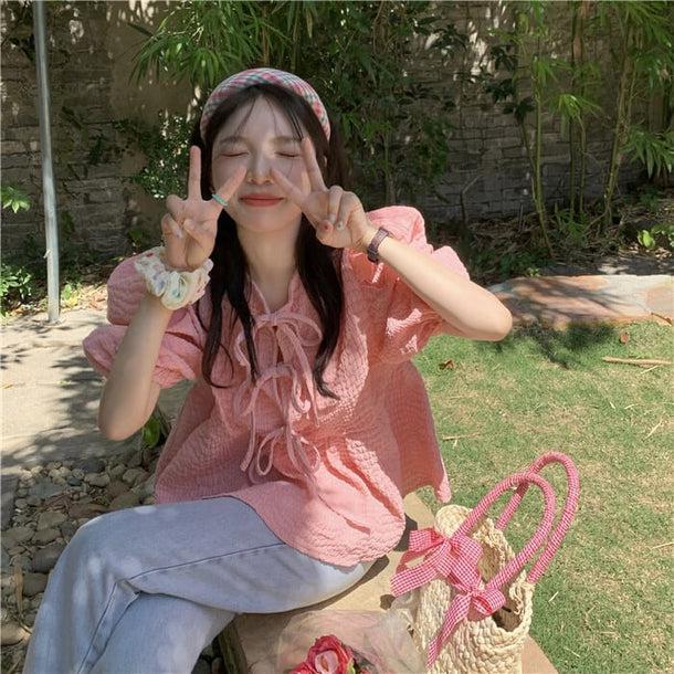 ピンクパフスリーブトップス﻿﻿ 6113-pink_お取り寄せ6113-画像5-韓国ファッション通販POPREA［ポップリア］