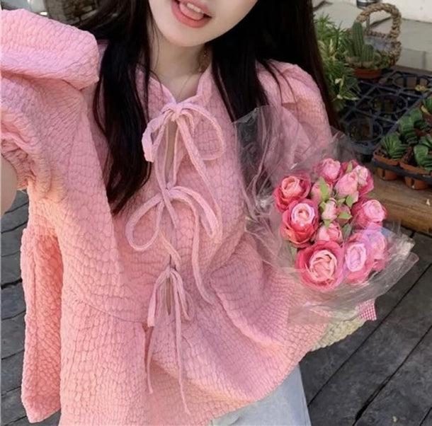 ピンクパフスリーブトップス﻿﻿ 6113-pink_お取り寄せ6113-画像6-韓国ファッション通販POPREA［ポップリア］