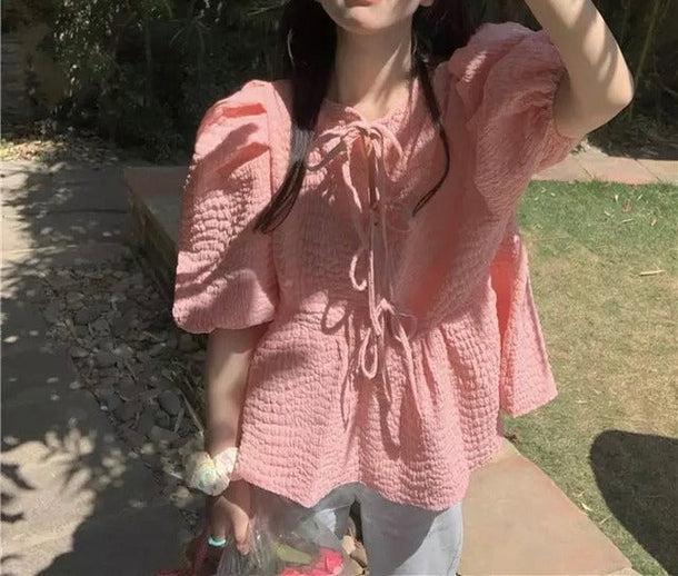 ピンクパフスリーブトップス﻿﻿ 6113-pink_お取り寄せ6113-画像7-韓国ファッション通販POPREA［ポップリア］