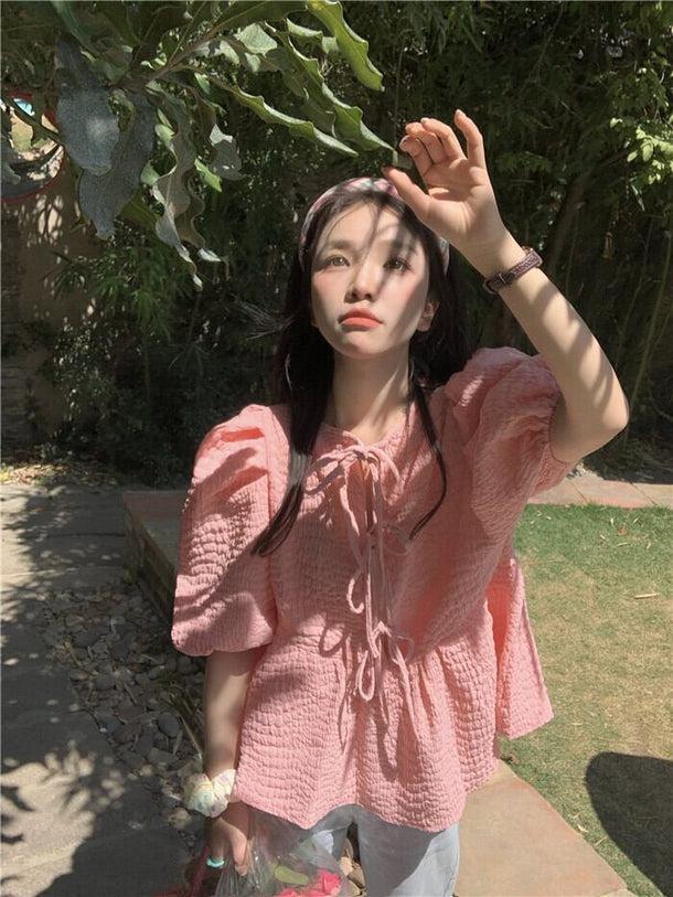 ピンクパフスリーブトップス﻿﻿ 6113-pink_お取り寄せ6113-画像9-韓国ファッション通販POPREA［ポップリア］