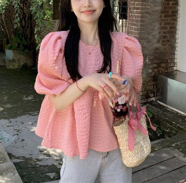 ピンクパフスリーブトップス﻿﻿ 6113-pink_お取り寄せ6113-画像1-韓国ファッション通販POPREA［ポップリア］