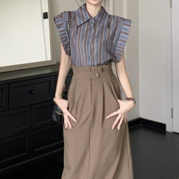 フライングスリーブオータムストライプブラウス 6123-gray_お取り寄せ6123-画像2-韓国ファッション通販POPREA［ポップリア］