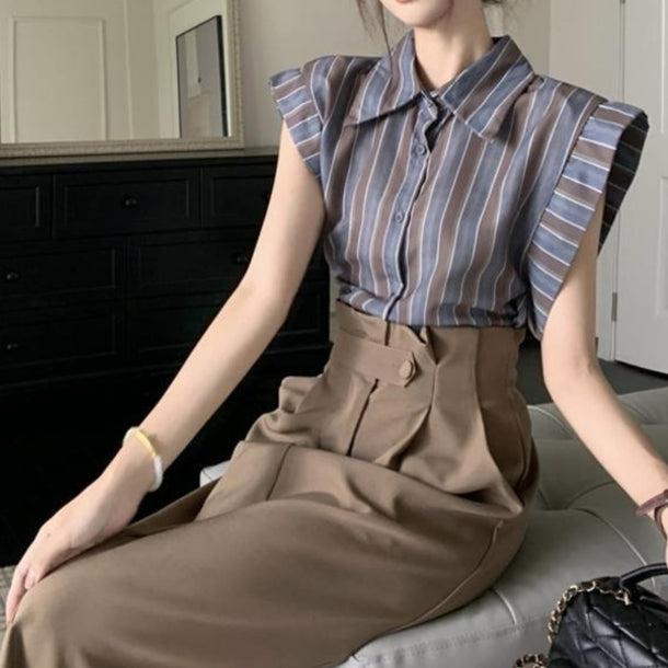 フライングスリーブオータムストライプブラウス 6123-gray_お取り寄せ6123-画像4-韓国ファッション通販POPREA［ポップリア］