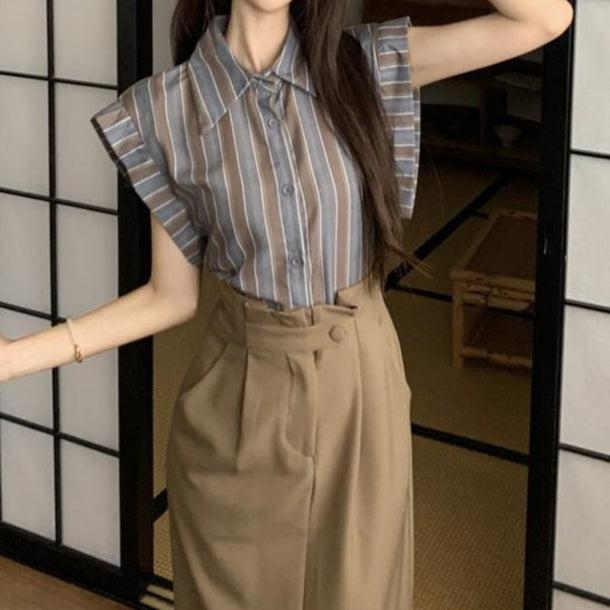 フライングスリーブオータムストライプブラウス 6123-gray_お取り寄せ6123-画像6-韓国ファッション通販POPREA［ポップリア］