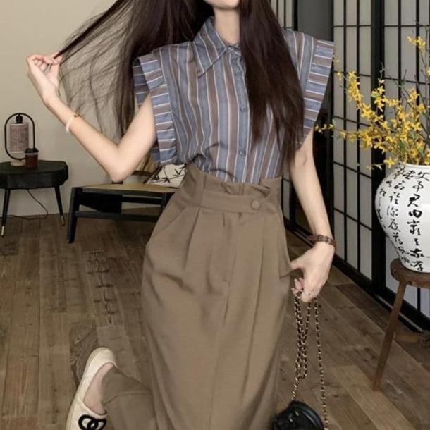 フライングスリーブオータムストライプブラウス 6123-gray_お取り寄せ6123-画像7-韓国ファッション通販POPREA［ポップリア］