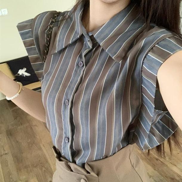 フライングスリーブオータムストライプブラウス 6123-gray_お取り寄せ6123-画像1-韓国ファッション通販POPREA［ポップリア］