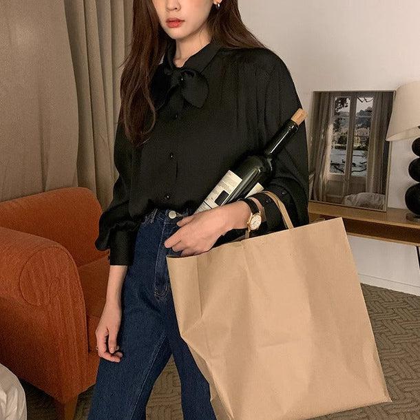 丸リボンタイブラックブラウス 6128-black_お取り寄せ6128-画像2-韓国ファッション通販POPREA［ポップリア］