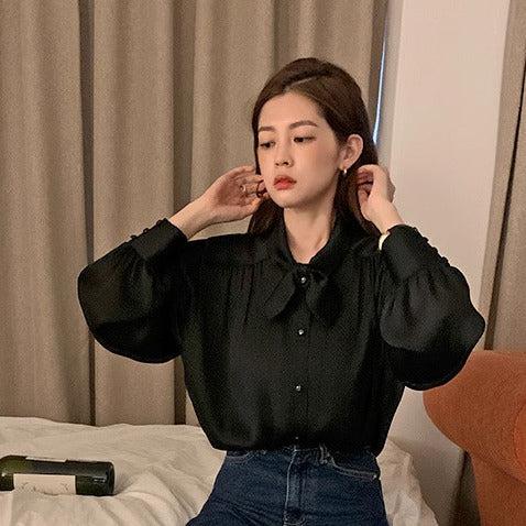 丸リボンタイブラックブラウス 6128-black_お取り寄せ6128-画像3-韓国ファッション通販POPREA［ポップリア］