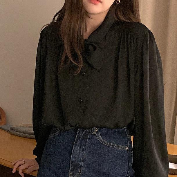 丸リボンタイブラックブラウス 6128-black_お取り寄せ6128-画像4-韓国ファッション通販POPREA［ポップリア］