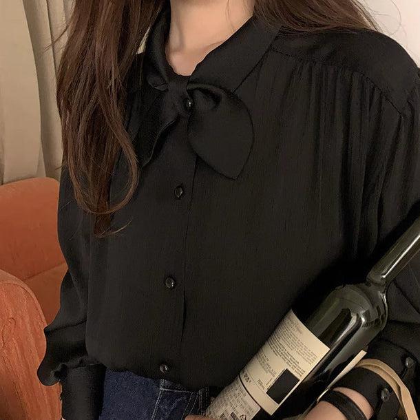 丸リボンタイブラックブラウス 6128-black_お取り寄せ6128-画像5-韓国ファッション通販POPREA［ポップリア］