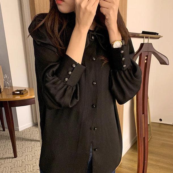 丸リボンタイブラックブラウス 6128-black_お取り寄せ6128-画像6-韓国ファッション通販POPREA［ポップリア］