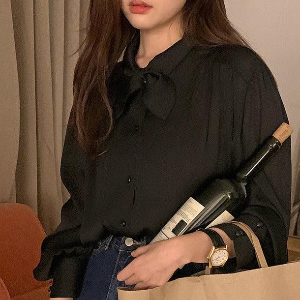 丸リボンタイブラックブラウス 6128-black_お取り寄せ6128-画像7-韓国ファッション通販POPREA［ポップリア］