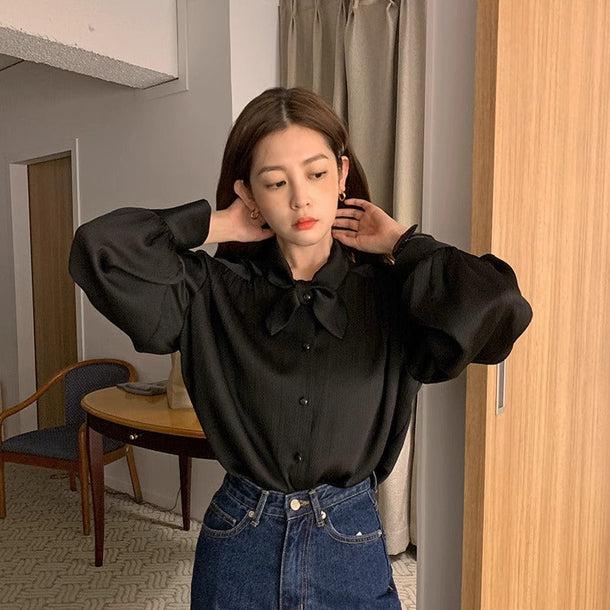 丸リボンタイブラックブラウス 6128-black_お取り寄せ6128-画像8-韓国ファッション通販POPREA［ポップリア］